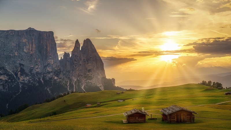 south tyrol, log cabin, sunbeam, landscape, tranquility, idyllic, sky, building, sun ray, no people, dolomites, environment, beauty in nature, rural area