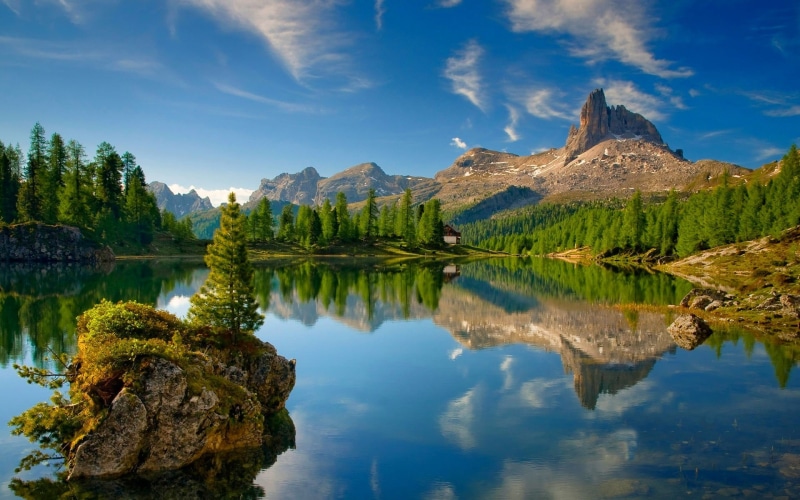 beauty in nature, trees, mountains, forest, 1080P, reflection, summer, water, pine, cloud - sky, formation, no people, sky, lake, tree, tranquil scene