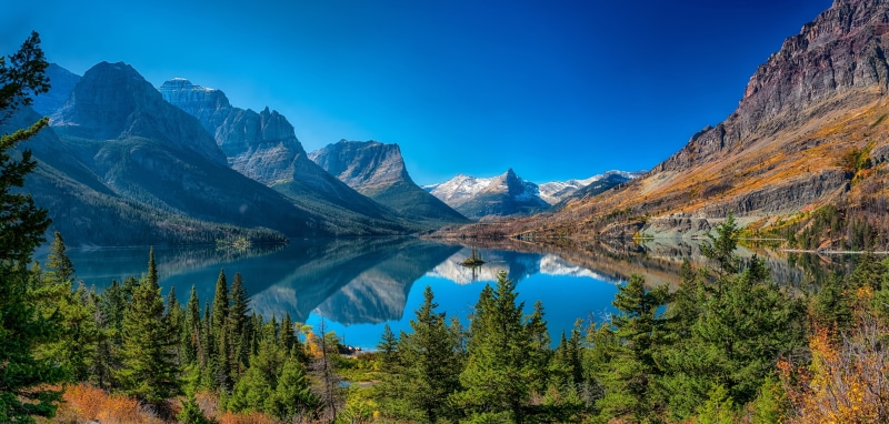 lake, trees, Rocky Mountains, Saint Mary Lake, 4K, Montana, Lake St Mary, reflection, mountains, Wild Goose Island, Glacier National Park