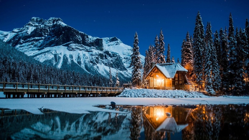 1080P, travel destinations, illuminated, reflection, water, night, mountain, scenics - nature, environment, nature, tranquility, snowcapped mountain, tree