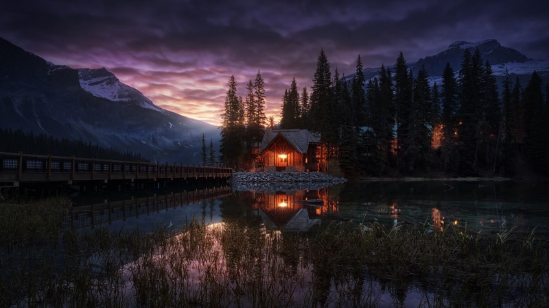 1080P, outdoors, illuminated, purple, cloud - sky, evening, emerald lake, plant, sky, built structure, wilderness, mountain, architecture, morning, snowcapped mountain