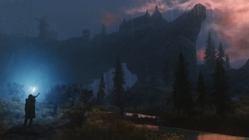 one person, tree, game, fog, lifestyles, beauty in nature, plant, land, outdoors, 1080P, leisure activity, standing, rear view, nature, screen shot, The Elder Scrolls V: Skyrim
