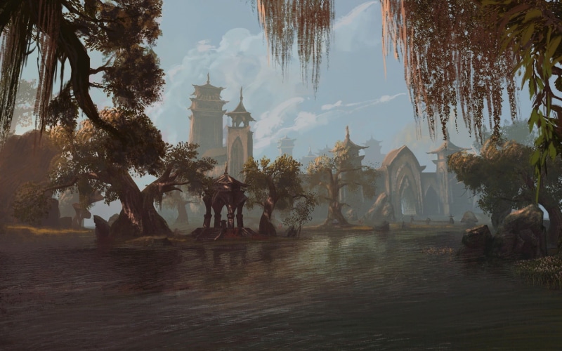 720P, outdoors, architecture, fantasy art, sky, tree, building exterior, waterfront, water, place of worship, plant, building, The Elder Scrolls Online