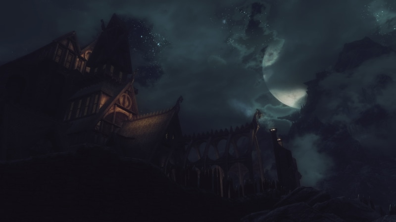 architecture, low angle view, outdoors, sky, dusk, beauty in nature, silhouette, night sky, belief, night, the past, religion, illustration, The Elder Scrolls V: Skyrim