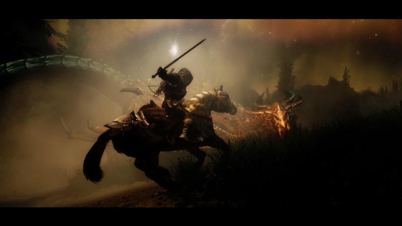 horse, video games, holding, sport, nature, domestic animals, riding, one animal, livestock, night, animal wildlife, dragon, outdoors, 1080P, full length