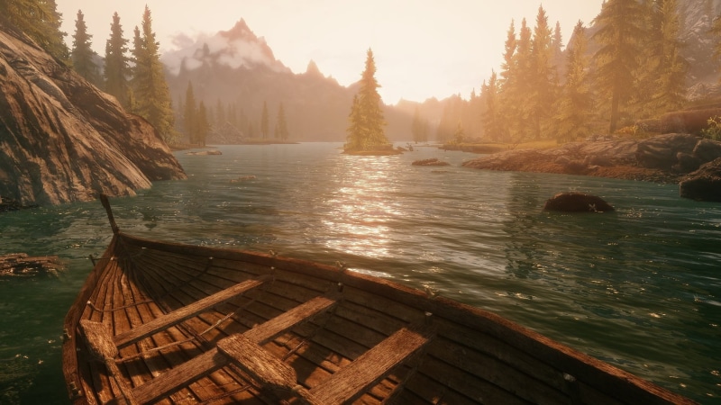 outdoors, illustration, d, day, tranquil scene, plant, scenics - nature, The Elder Scrolls V: Skyrim, water, tree, brown, wooden, mountain, tranquility