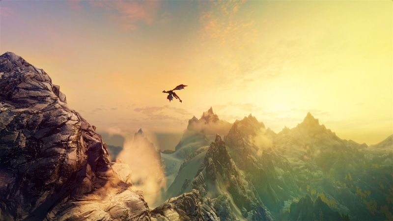 hd, skyrim, mountains, dragon, sunlight, 1080P, scrolls, video games, elder