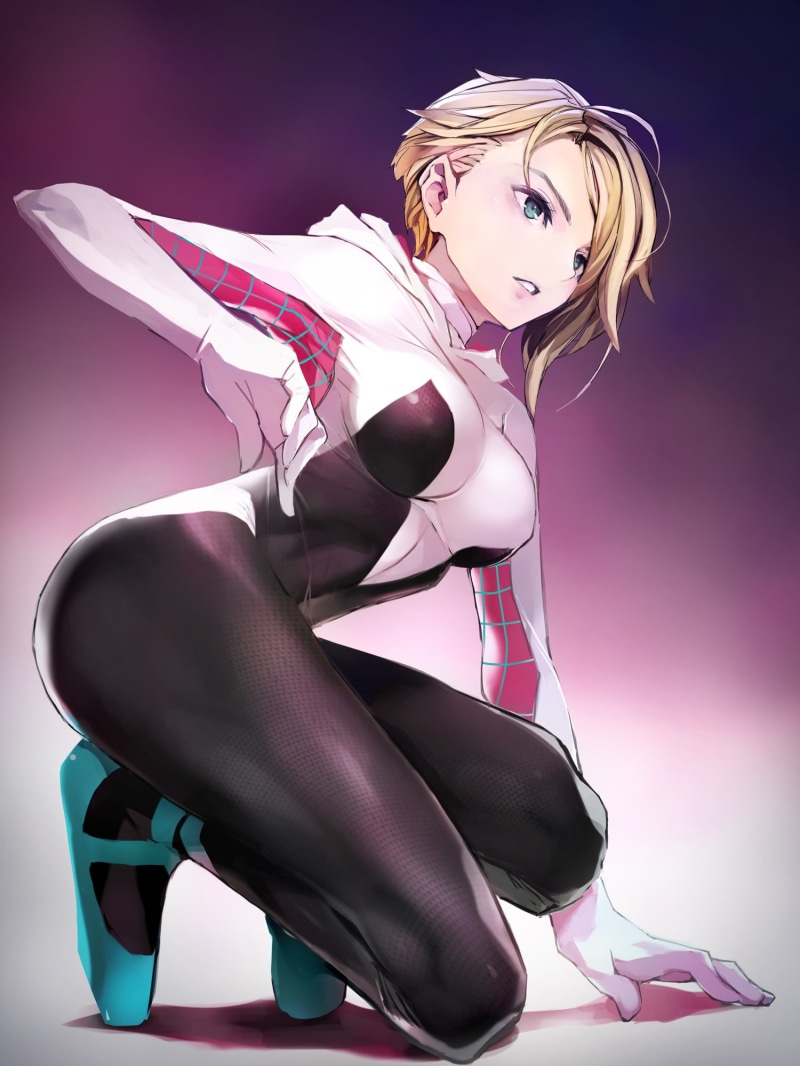 anime, digital art, drawing, illustration, Taishi Nw, Spider-Man, anime girls, fan art, blue eyes, Spider Gwen, 2D, blonde, squatting, Spider-Gwen, short hair