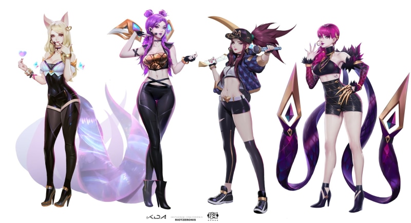 thigh-highs, looking at viewer, K/DA, Summoners Rift, artwork, blonde, Tight Skirt, redhead, cleavage, 1080P, women, pink hair, K-pop, tight clothing