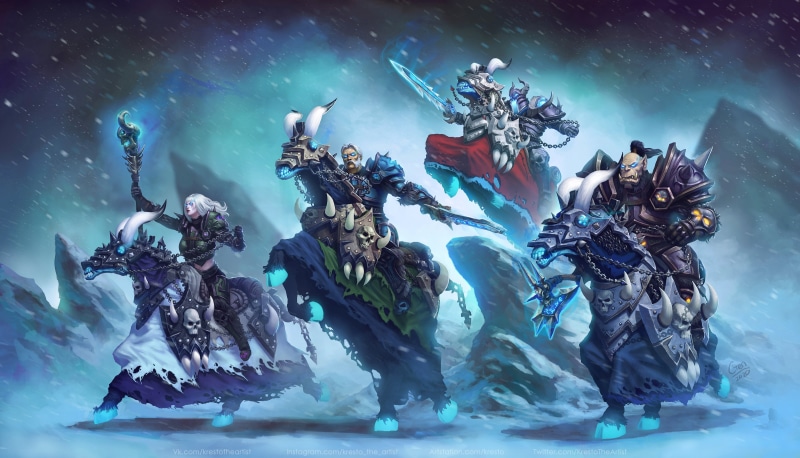 armor, weapon, frost, Four Horsemen of the Apocalypse, warrior, Kirill Stepanov, death knights, snow, sword, drawing, Sally Whitemane, ice, horseman, Warcraft