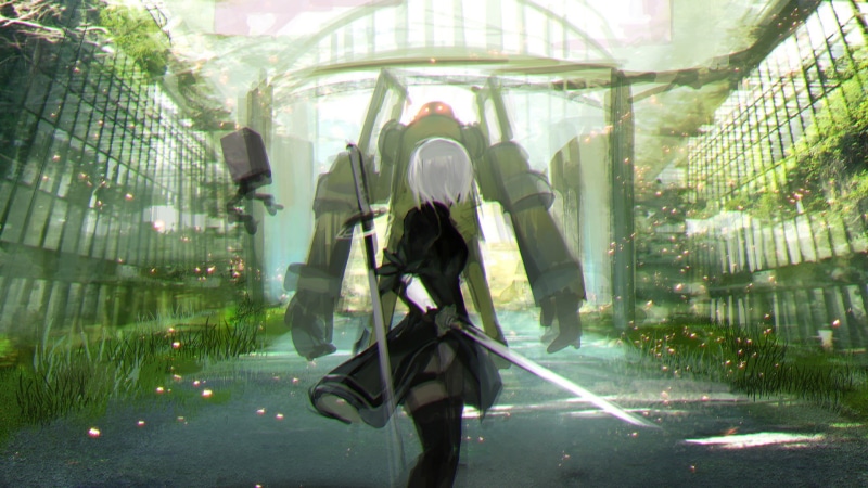 bag, digital art, artwork, thigh-highs, white hair, full length, one person, 2B (Nier: Automata), leisure activity, outdoors, women, tree, nature, plant