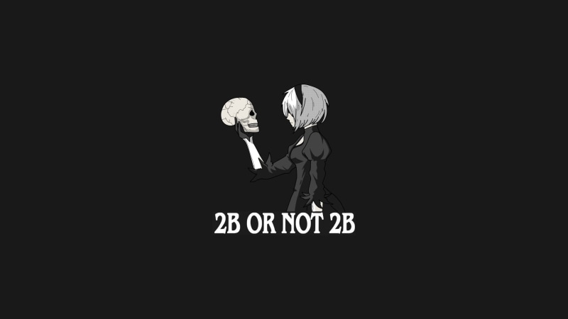 hamlet parody, dress, to be or not to be, minimalism, hair, 2b yorha, nier automata, grey background, 1080P, 2b or not 2b, white, girl