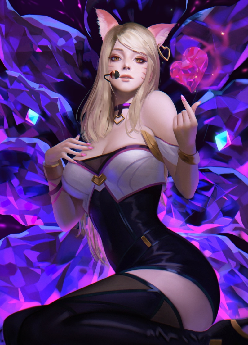 kneeling, cleavage, animal ears, necklace, video games, digital art, thigh high boots, bare shoulders, illustration, Seungyoon Lee, fox girl, K/DA, microphone
