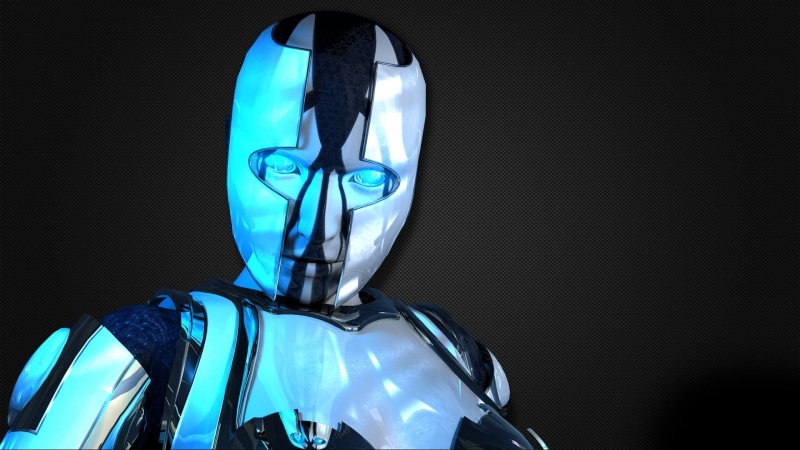 work helmet, copy space, 1080P, one person, close-up, cyborg, headshot, night, disguise, illuminated, indoors, robot, blue, human representation, androids