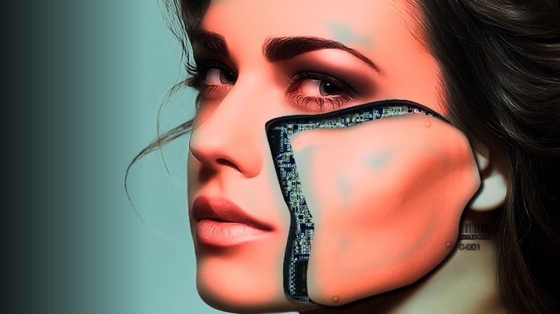 Cyber Woman, one person, studio shot, human lips, robot, body part, 720P, headshot, hairstyle, young adult, adult, blue background, close-up, young women