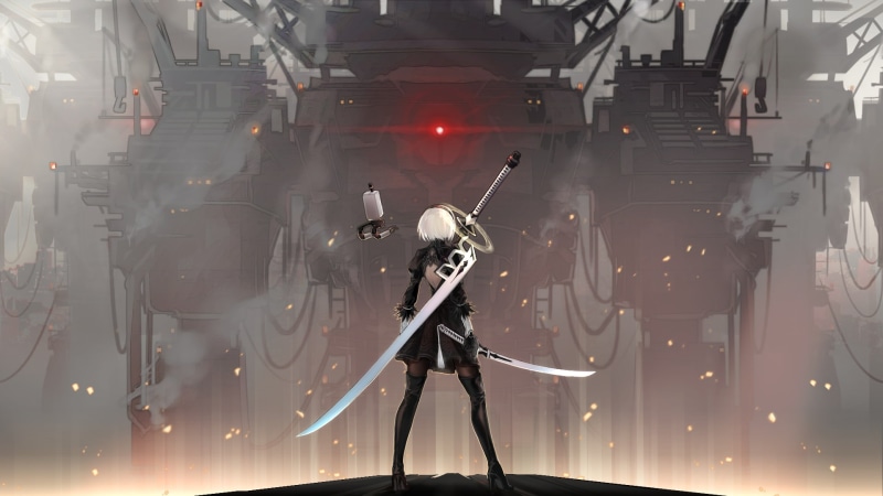 Feather, Weapon, Video Game, High Heels, White Hair, Dress, Android, Girl, Black Dress, Glove, Glow, 1080P, Robot, Glowing Eyes, Short Hair, Sword, Thigh Boots