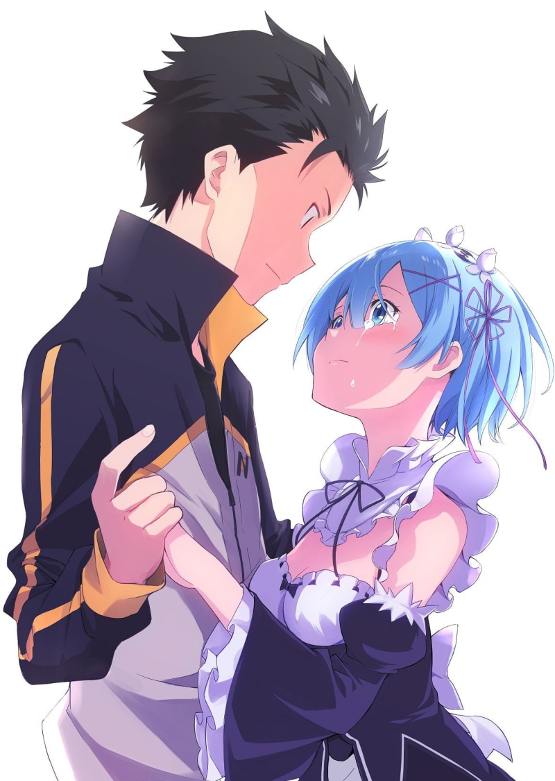 Natsuki Subaru, white background, 720P, Re:Zero Kara Hajimeru Isekai Seikatsu, headdress, tears, cleavage, Rem (Re: Zero), maid