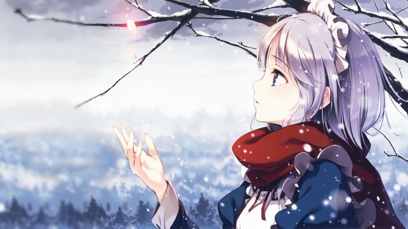 real people, 1080P, nature, scarf, Izayoi Sakuya, art and craft, Touhou, outdoors, people, day, winter, portrait, close-up, gray hair, maid, petals, sculpture