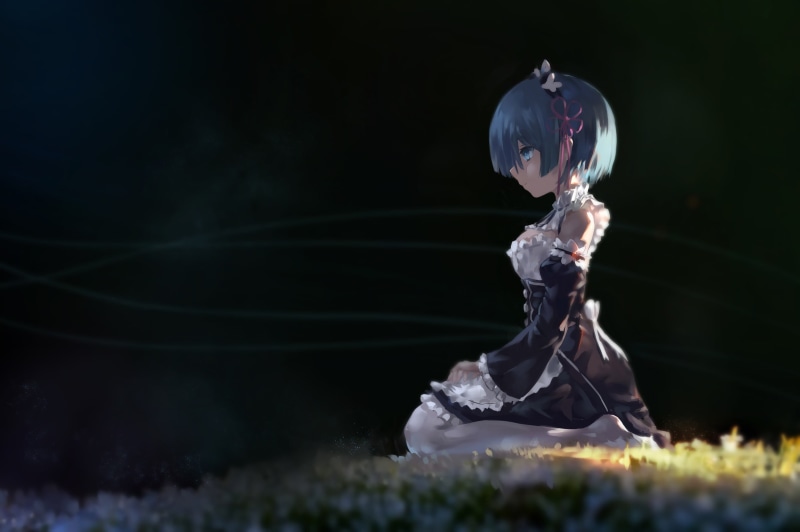 Rem (Re: Zero), representation, short hair, blue eyes, anime, maid, black background, emotion, nature, night, Re:Zero Kara Hajimeru Isekai Seikatsu, selective focus