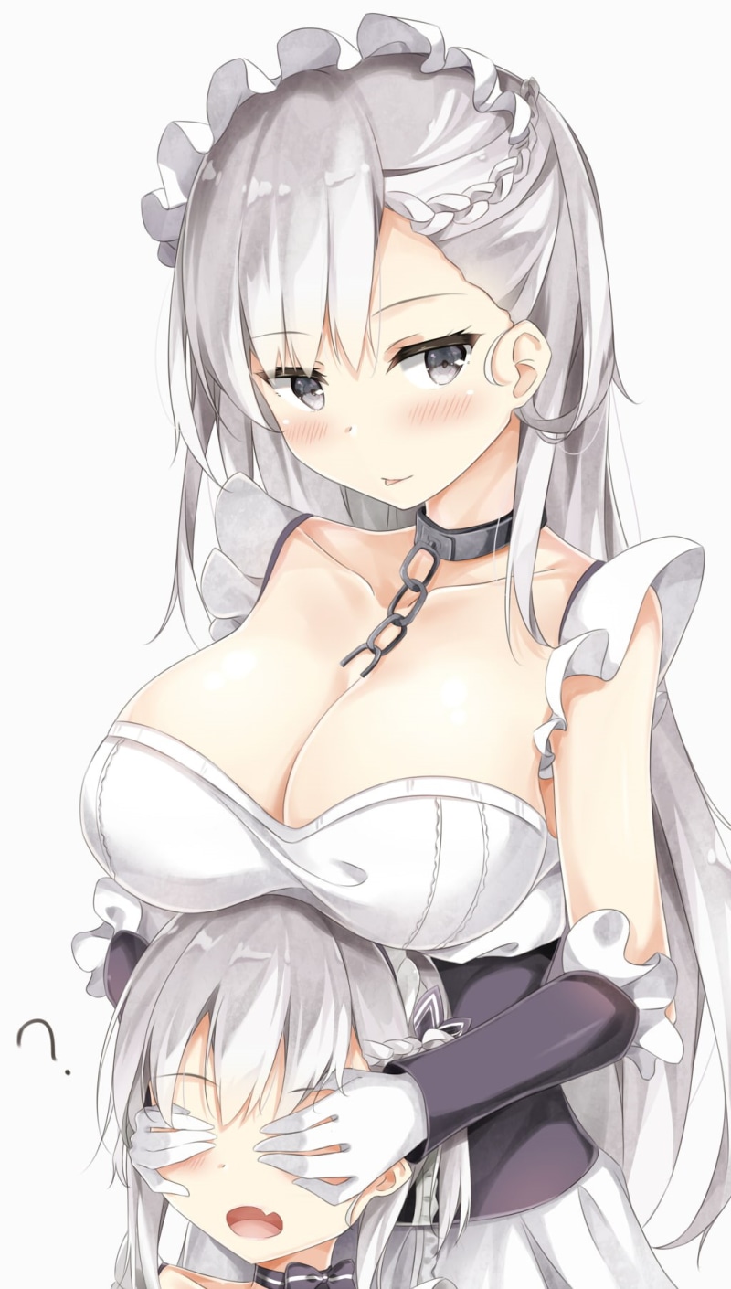 white background, Belfast (Azur Lane), simple background, cleavage, maid, maid outfit, Bel-chan (Azur Lane), headdress, 720P, head band, Azur Lane