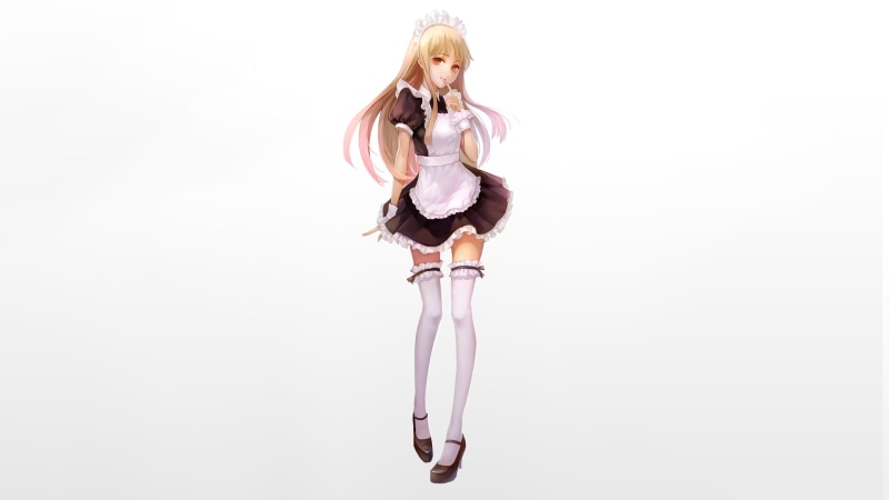 skill, women, 2K, hairstyle, studio shot, lifestyles, female, simple background, maid, original characters, digital, cut out, high heels, copy space, blond hair