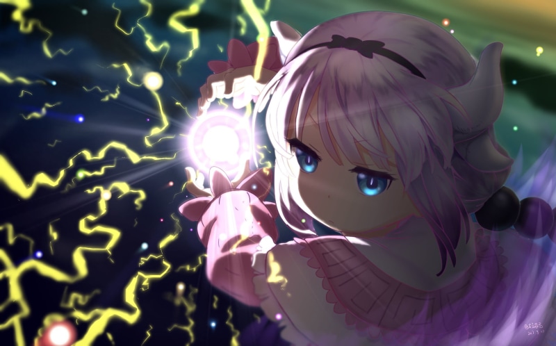 pink color, childhood, night, lens flare, portrait, one person, glowing, human face, Kanna Kamui (Kobayashi-san Chi no Maid Dragon), females, light, leisure activity
