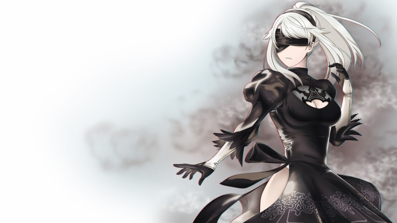 black dress, 2B, fan art, head band, white hair, RGB, white  background, NieR, video games, 2B (Nier: Automata), cleavage, gloves, dust, blindfold, human android