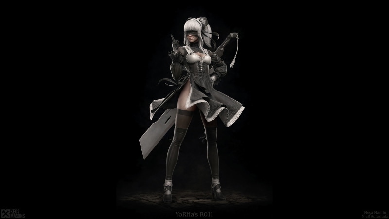 gloves, cleavage, moles, black background, 2K, blindfold, sword, digital art, 2B, NieR, fantasy weapon, white hair, Nier: Automata, leggings, black dress