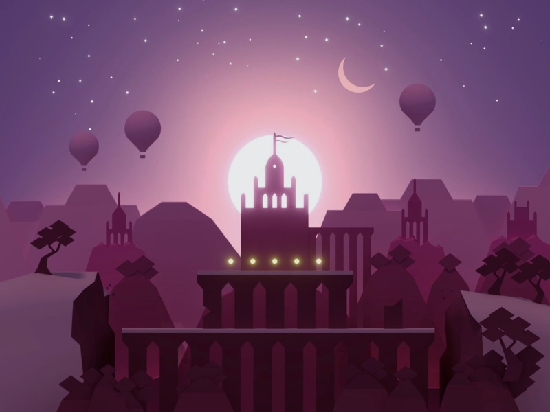 Stars, Altos Odyssey, Games, Minimalism, Aerostatic balloons, Sunset, Crescent moon, Pink, Hill, 1080P, Snow, Noodlecake Studios Inc, Android, Tree, 3D