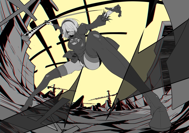 Nier: Automata, illustration, lifestyles, amusement park ride, NieR, built structure, 2K, katana, 2B (Nier: Automata), silhouette, art and craft, low angle view
