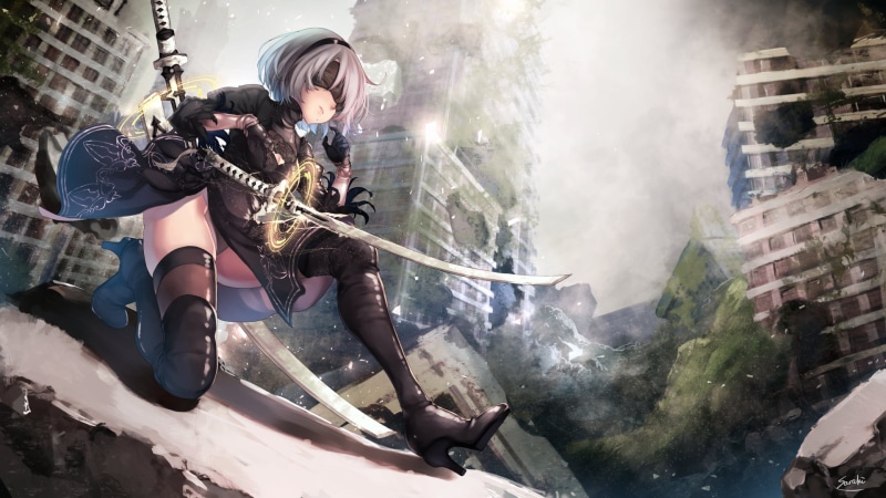 casual clothing, katana, young adult, smoke - physical structure, NieR, lifestyles, women, building exterior, built structure, blindfold, full length, Nier: Automata