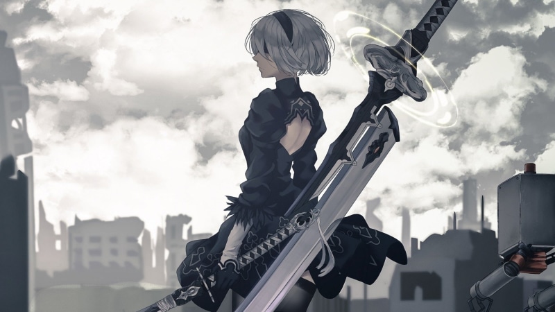 Cloud, Headband, NieR: Automata, Glove, Video Game, 1080P, White Hair, Black Dress, Weapon, Short Hair, Blindfold, Katana, YoRHa No.2 Type B, Dress, Girl