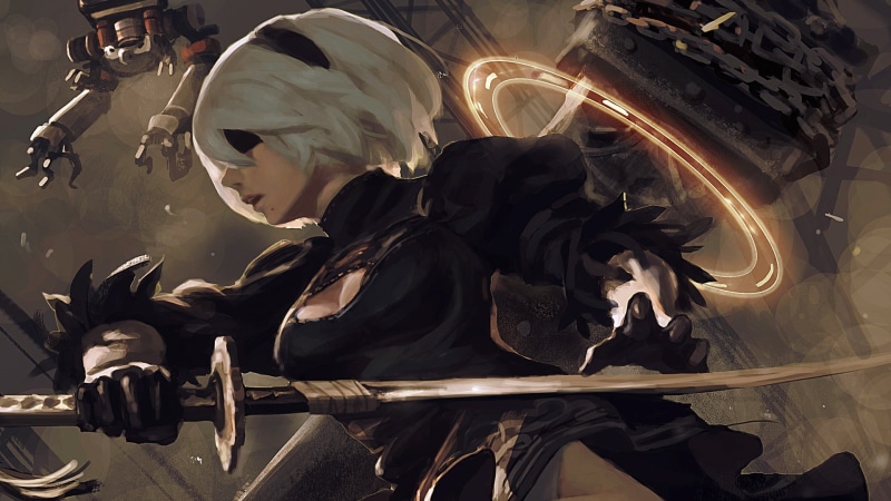 Nier: Automata, video games, 1080P, 2B, NieR, 2B (Nier: Automata), white hair, katana