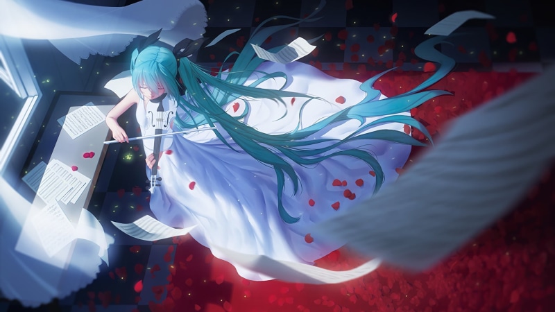 nature, red, character, decoration, Hatsune Miku, close-up, high angle view, 1080P, indoors, patriotism, anime girls, white color, Vocaloid, violin, woman