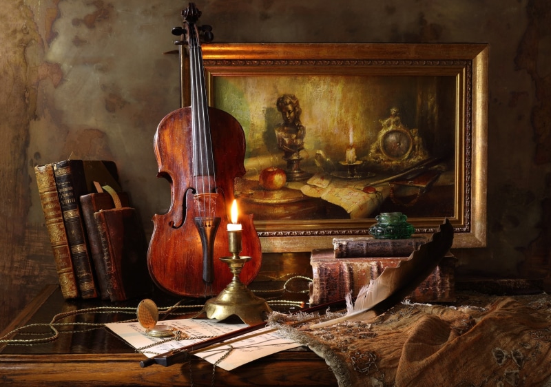 style, picture, violin, candle, 1080P, pen, still life, books, watch