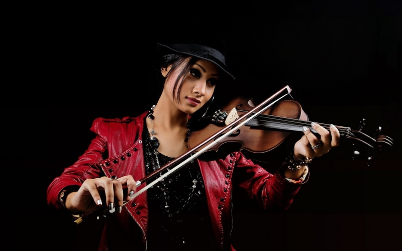 1080P, Asian, Red, Violin, Music, Girl, Black, brown, Background, Dress