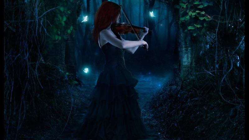 formalwear, violin, standing, outdoors, beauty, nature, dark, hairstyle, women, 720P, adult, fairies, forest, tree, young adult, beautiful woman, fashion