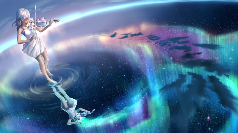 Yuumei, cyan, water, sky, dress, stars, clouds, violin, 2K