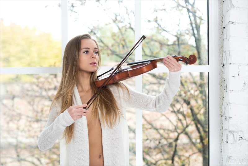 day, tree, casual clothing, portrait, young women, sweater, real people, brown, violin, waist up, outdoors, hairstyle, long hair, standing, one person