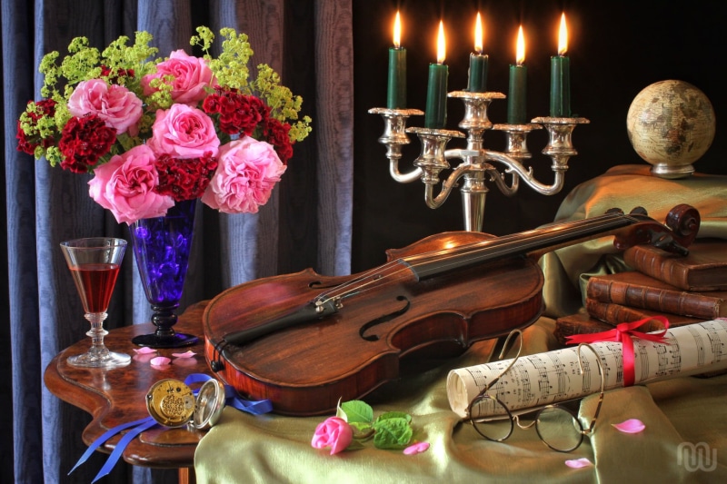 brown, flower, candle, glass - material, books, indoors, vase, roses, flower arrangement, notes, 1080P, flame, violin, still life, glasses, flowering plant