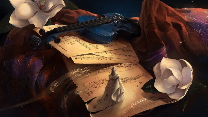 musical notes, flowers, musical, 1080P, musical instrument, notes, instrument, violin
