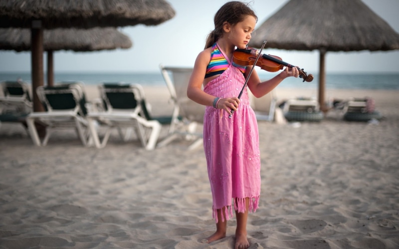 Beach, 1080P, Violin, Playing, Little, Girl, Cute