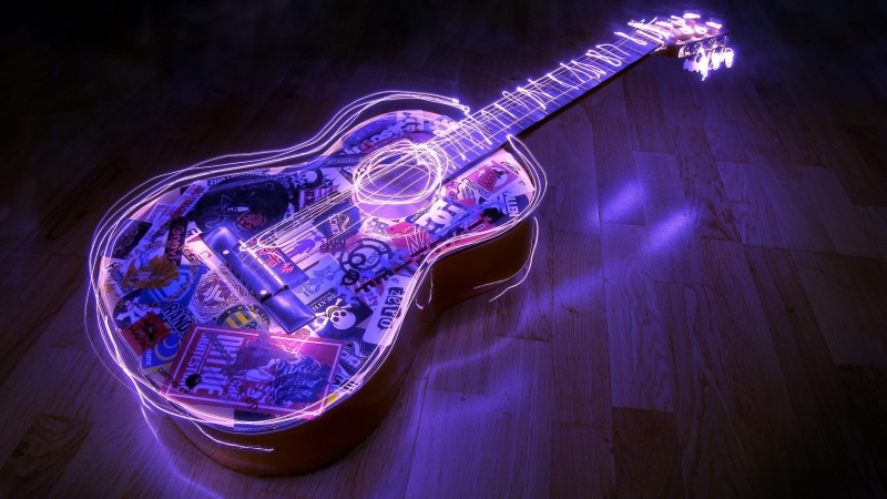 musical instrument, 2K, transportation, indoors, purple, blue, dreadnought, architecture, travel, nightlife, motion, illuminated, acoustic, white, technology