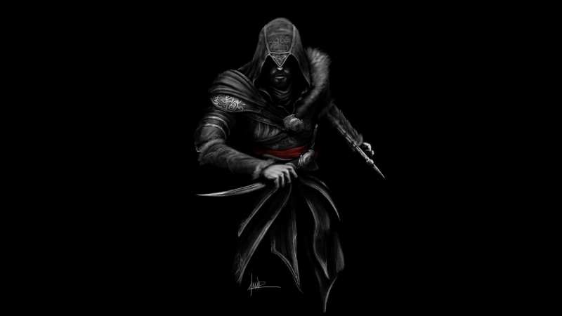 Assassins Creed, Fan art, Black, Minimal, Ezio, 4K, Dark background, 4K