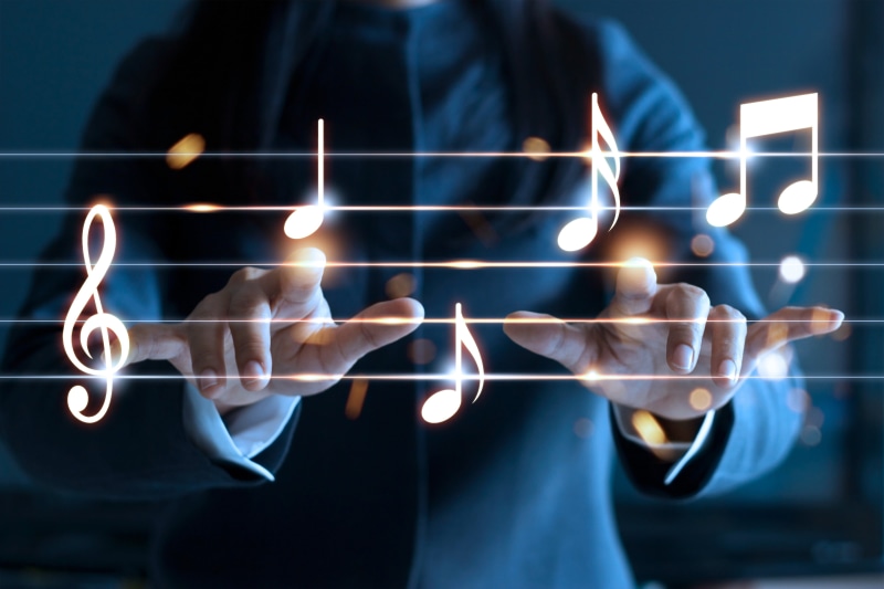 graceful hands, concert, good idea, front view, conductor, computer, treble clef, stave, hand, music, colored lights, black background, note, closeup, bokeh wallpaper.
