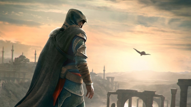 Assassins Creed, one animal, cloud - sky, game, one person, assassin, sunset, architecture, creed, orange color, bird, assassins , nature, built structure