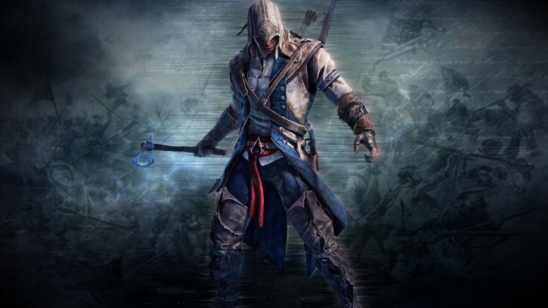 Connor Kenway, costume, dressing up, water, one person, indoors, females, mid adult, fantasy, dark, adult, holding, artwork, hair, portrait