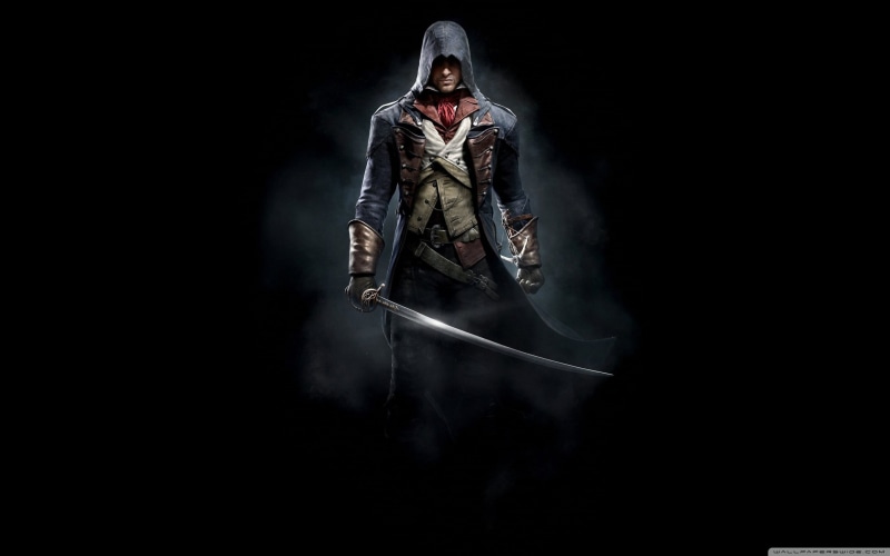 clothing, adult, looking at camera, one person, black background, males, women, dark, front view, sword, studio shot, young adult, full length, hood - clothing