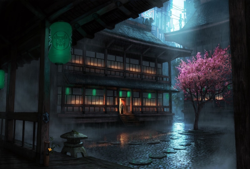 2K, architecture, storey, plant, temple, drawing, outdoors, nature, connection, architectural column, water, cherry blossom, reflection, lantern, built structure