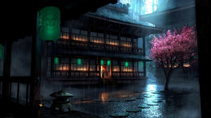Asian architecture, paper lantern, no people, video games, house, building, water, architecture, nature, cherry blossom, illuminated, waterfront, storey